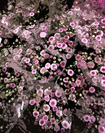 floral background with pink flowers and green leaves on a black backgroundの写真素材
