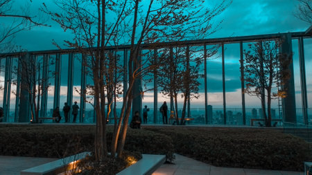 Night view of the city from a glass building in the park.の写真素材