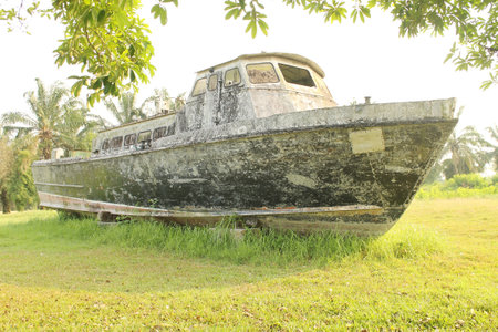 An old boat on the grass in a park.の写真素材