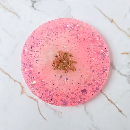 top view of pink nail polish on white marble surface with copy spaceの写真素材