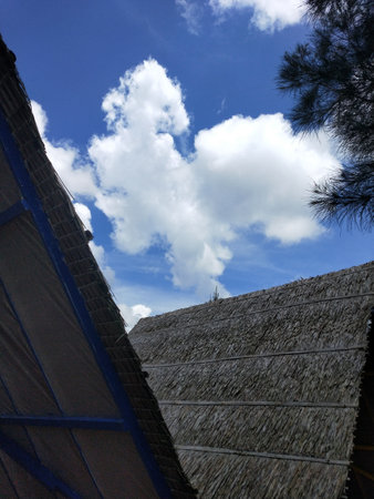 The roof of a thatched house against the blue sky with cloudsの写真素材