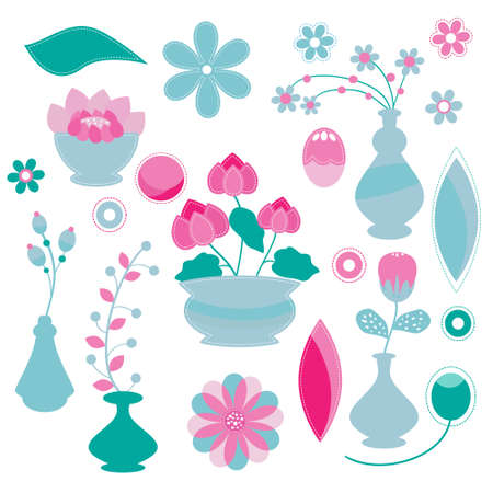 Cute flowers pattern and pots on white backgroundのイラスト素材