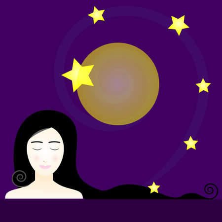 Cute woman with stars at nightのイラスト素材