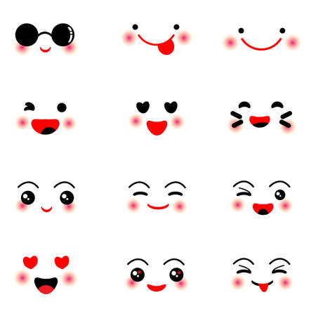 Cute kawaii face icon set on white backgroundのイラスト素材
