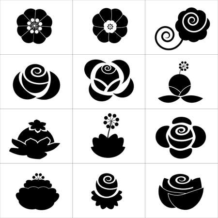 Various kind of black flower icon on white backgroundのイラスト素材