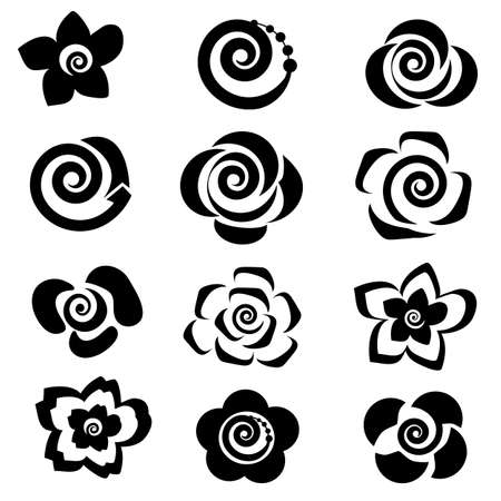 Black floral pattern set on a white backgroundのイラスト素材
