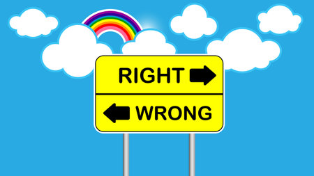 Background with right and wrong arrow sign with clouds and rainbowのイラスト素材