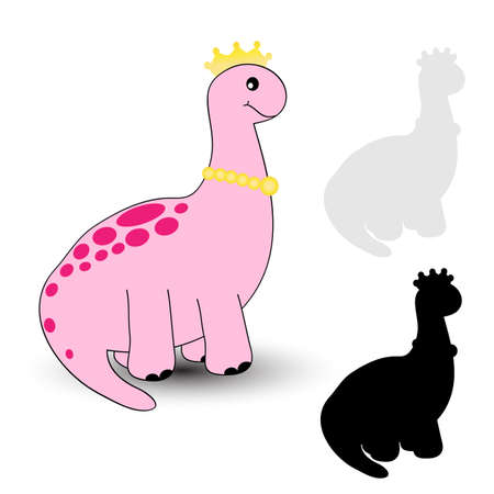 A pink dinosaur wearing a crown and necklace with her shadowのイラスト素材