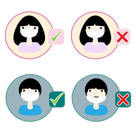 The icon depicting a woman and a man wearing a mask is incorrect and correctのイラスト素材