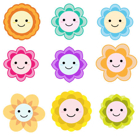 cute colorful smiley face flowersのイラスト素材