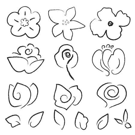 Hand drawn black flowers and leaves setのイラスト素材