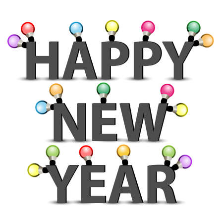 Happy new year text with colorful light bulbs on white backgroundのイラスト素材
