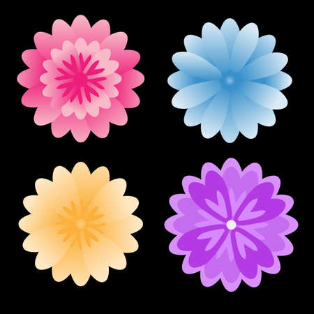 Colorful flowers with their petals overlapping on a black backgroundのイラスト素材