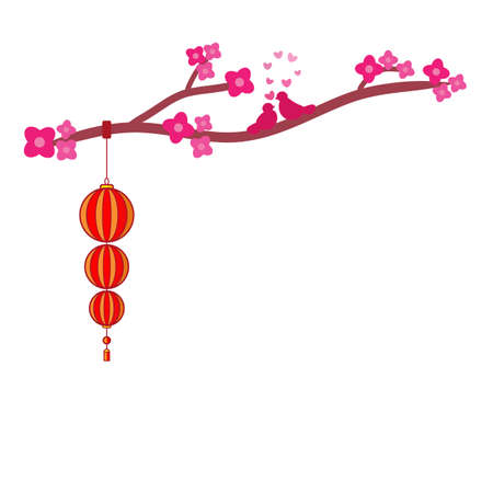 Orange lantern hanging a tree with flowers and love birds on a white backgroundのイラスト素材