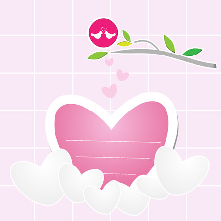 Cute pattern background with paper hearts and love birdsのイラスト素材