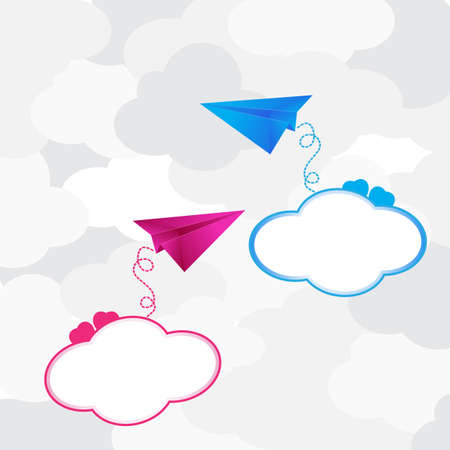 Blue and pink paper airplane icon with cloudのイラスト素材