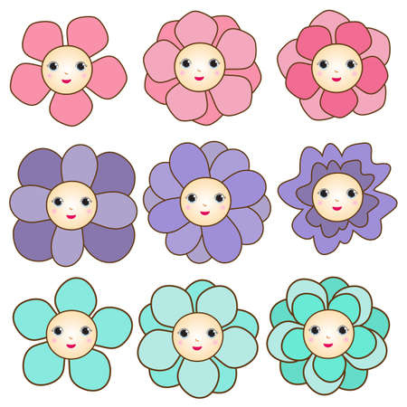 Colored flowers with cute smiling cartoon facesのイラスト素材
