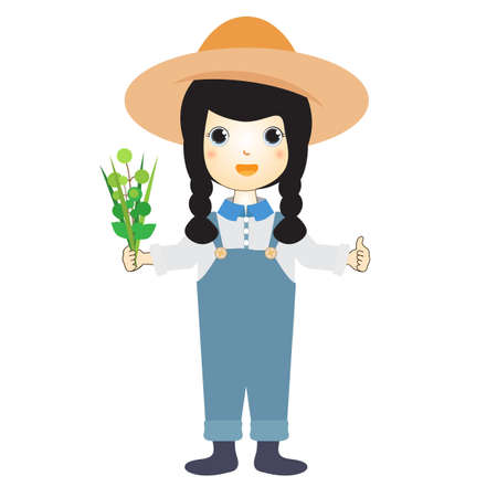 Cartoon cute little girl occupation farmer and holding plantsのイラスト素材