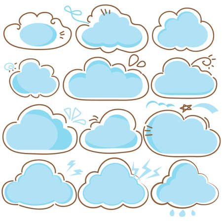 Cute line cartoon clouds on white backgroundのイラスト素材