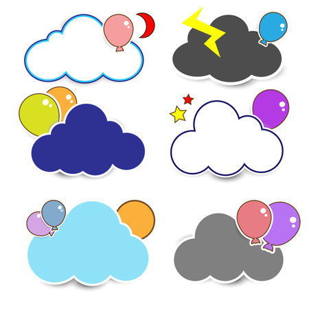 Cute cloud stickers decorated with balloons and starsのイラスト素材