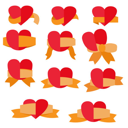 Red paper heart icon with orange ribbonのイラスト素材
