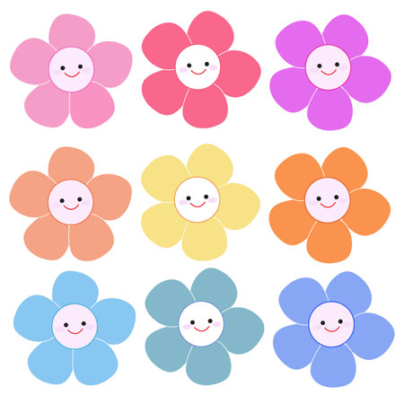 Cute colored flowers with a smiling faceのイラスト素材