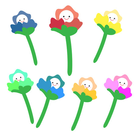 set of cute blooming flowers with smiley facesのイラスト素材