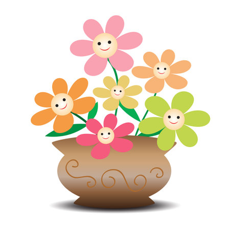 Cute smiley flowers in bright colors in a vaseのイラスト素材