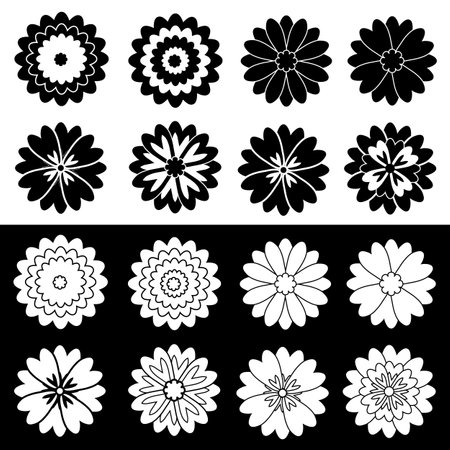 Flower icon pack with white and black overlapping petalsのイラスト素材