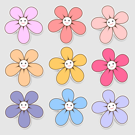 Colorful paper flowers with smiley facesの写真素材