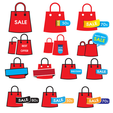Set of red icon shopping bags with sale signのイラスト素材