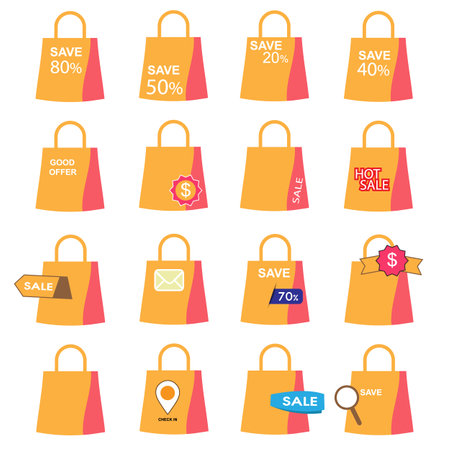 shopping bag icons set with discount signのイラスト素材