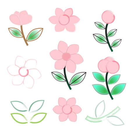 Set of watercolor style flowers and leavesのイラスト素材