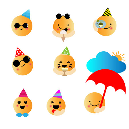 Set of cute cartoon summer sun with decorationsのイラスト素材
