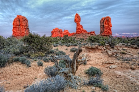 Balanced Rock glowing from the most incredible sunset filled sky の写真素材