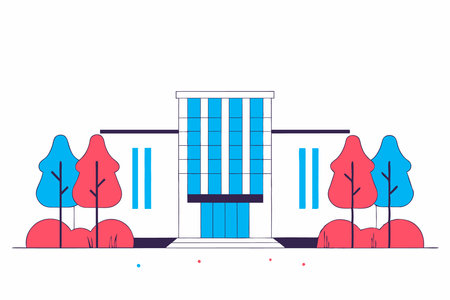 Modern building with trees and bushes. Vector illustration in flat style.のイラスト素材