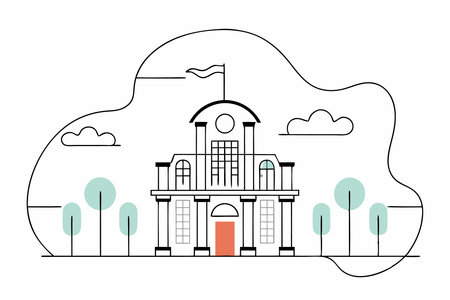 Vector illustration of the building with trees and clouds in the background.のイラスト素材