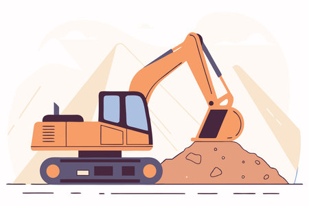 Orange excavator digs soil near the mountains. Construction machinery in action illustration art on white backgroundのイラスト素材
