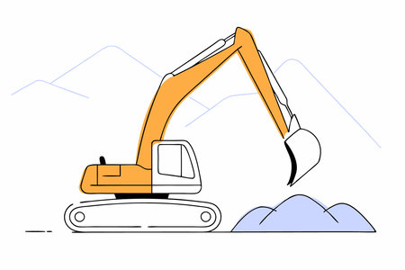 Orange excavator digs soil near the mountains. Construction machinery in action illustration art on white backgroundのイラスト素材