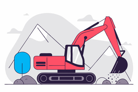 Red excavator digs soil near the mountains. Construction machinery in action illustration art on white backgroundのイラスト素材