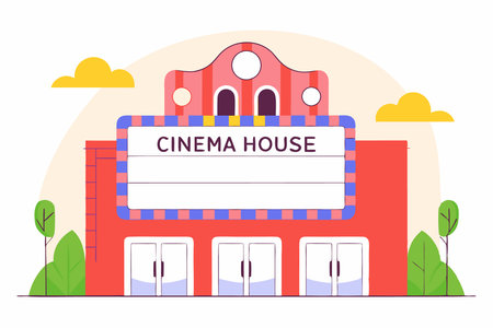 Facade of movie theatre building Cinema house exterior illustration art on white backgroundのイラスト素材
