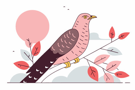Pink and brown bird sitting on tree branch illustration art on white backgroundのイラスト素材