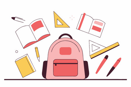 School backpack and flying supplies set Back to school concept Educational or office equipment illustration art on white backgroundのイラスト素材