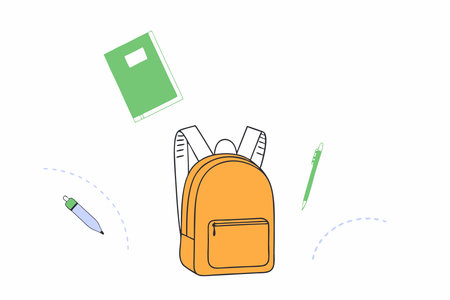 School backpack and flying supplies set Back to school concept Educational or office equipment illustration art on white backgroundのイラスト素材