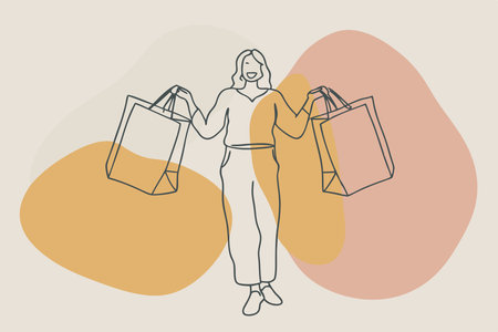 Figure holding shopping bags in minimalist line art style with pastel colored background shapesのイラスト素材