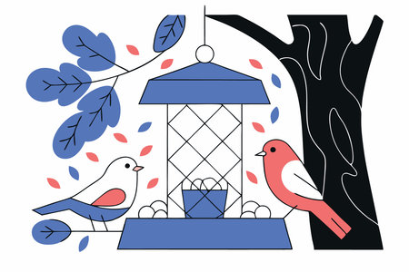 Bird feeder on the tree branch and different eating birds illustration art on white backgroundのイラスト素材