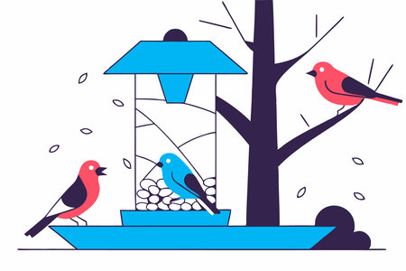Bird feeder on the tree branch and different eating birds illustration art on white backgroundのイラスト素材