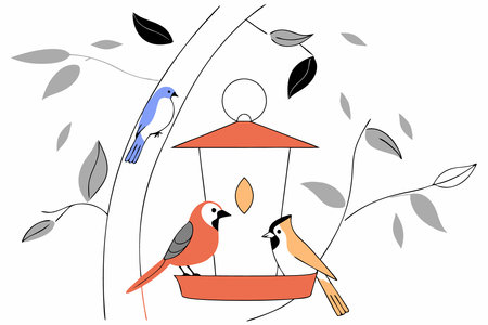 Bird feeder on the tree branch and different eating birds illustration art on white backgroundのイラスト素材
