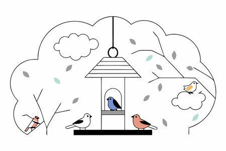 Bird feeder on the tree branch and different eating birds illustration art on white backgroundのイラスト素材