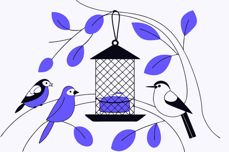 Bird feeder on the tree branch and different eating birds illustration art on white backgroundのイラスト素材